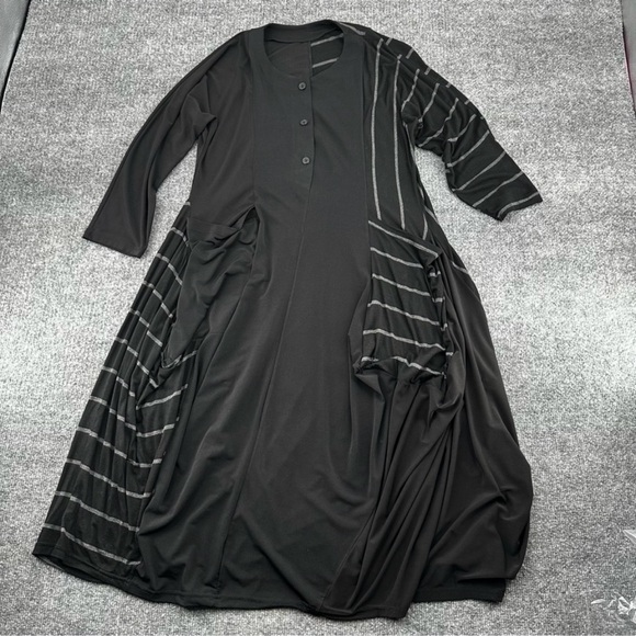 heydari Dresses & Skirts - Heydari Dress Womens (M/L) Wearable Art Black Grey Stripe Midi Pockets Lagenlook